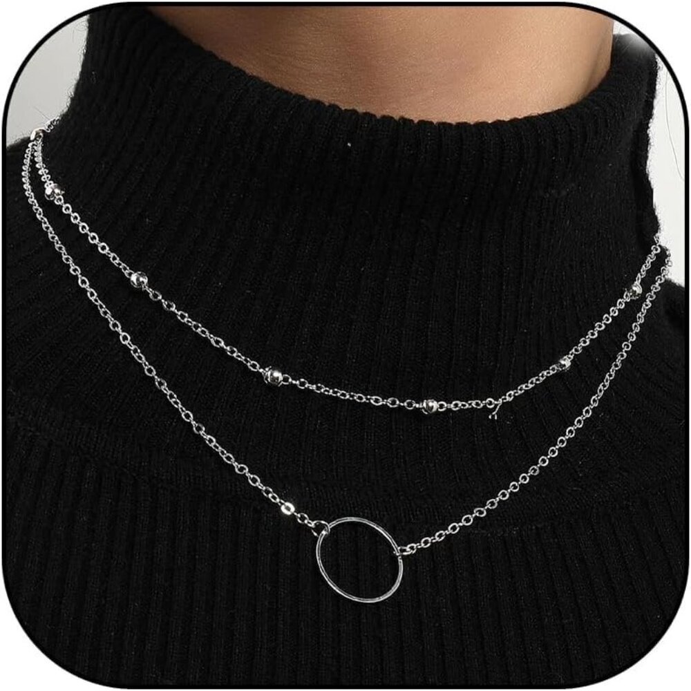 🆕 Women Silver Trendy Chunky Necklace Stack Multilayered Bar Pendant Jewelry